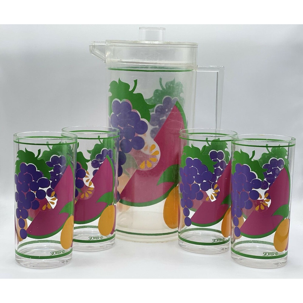 Vintage RARE STOTTER Mid-Century Plastic Fruit Pitcher and 4 Highball Glasses